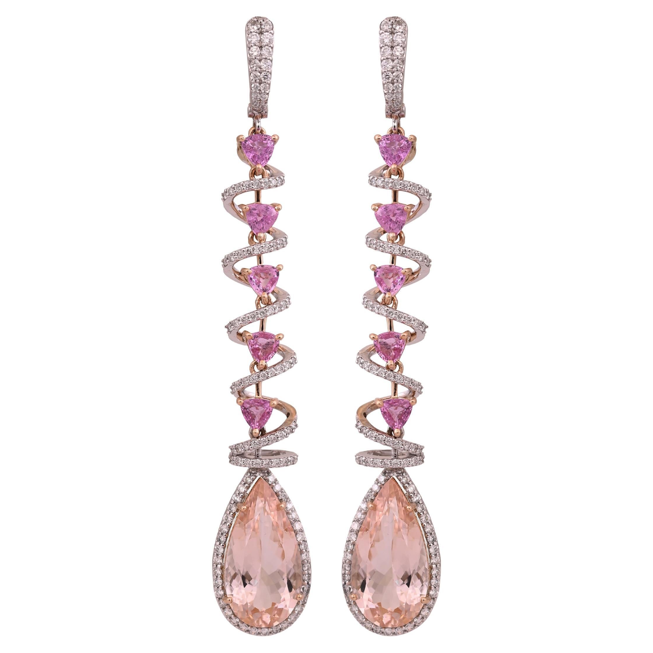 Boucles d'oreilles chandelier en or rose 18 carats, morganite, saphirs roses et diamants