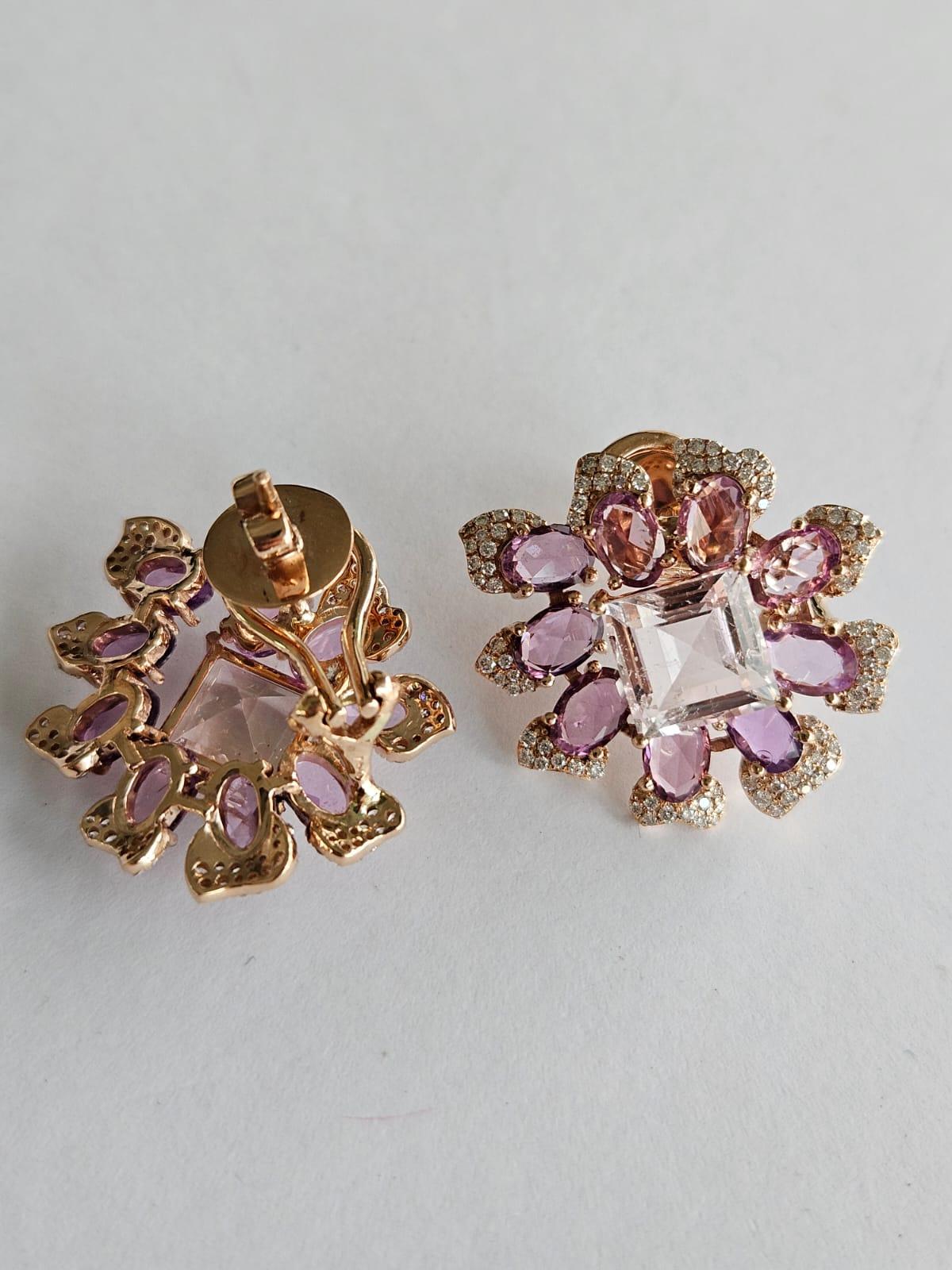 Modern Set in 18K Rose Gold, Morganites, Pink Sapphires & Diamonds Stud Earrings For Sale