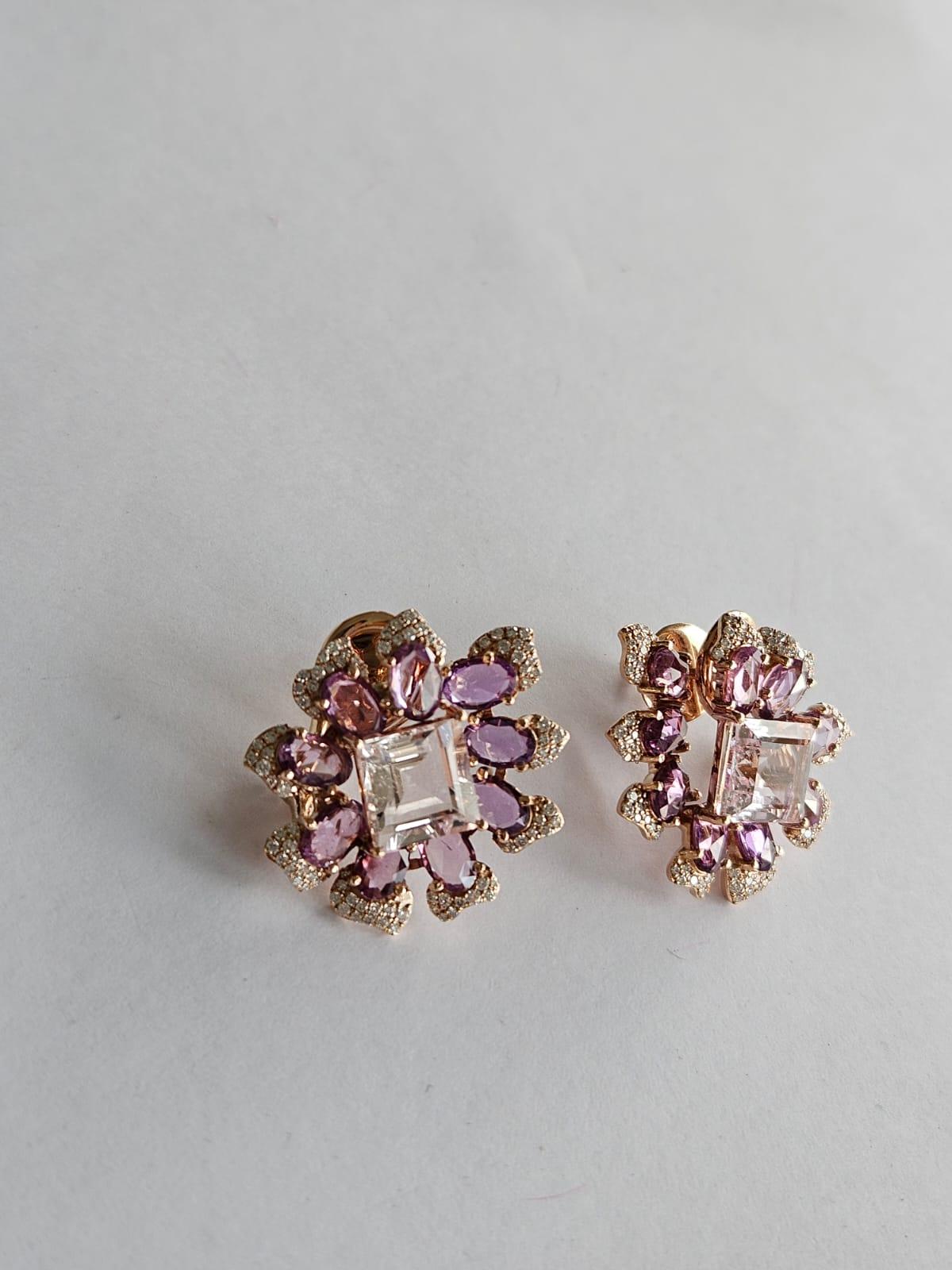 Square Cut Set in 18K Rose Gold, Morganites, Pink Sapphires & Diamonds Stud Earrings For Sale
