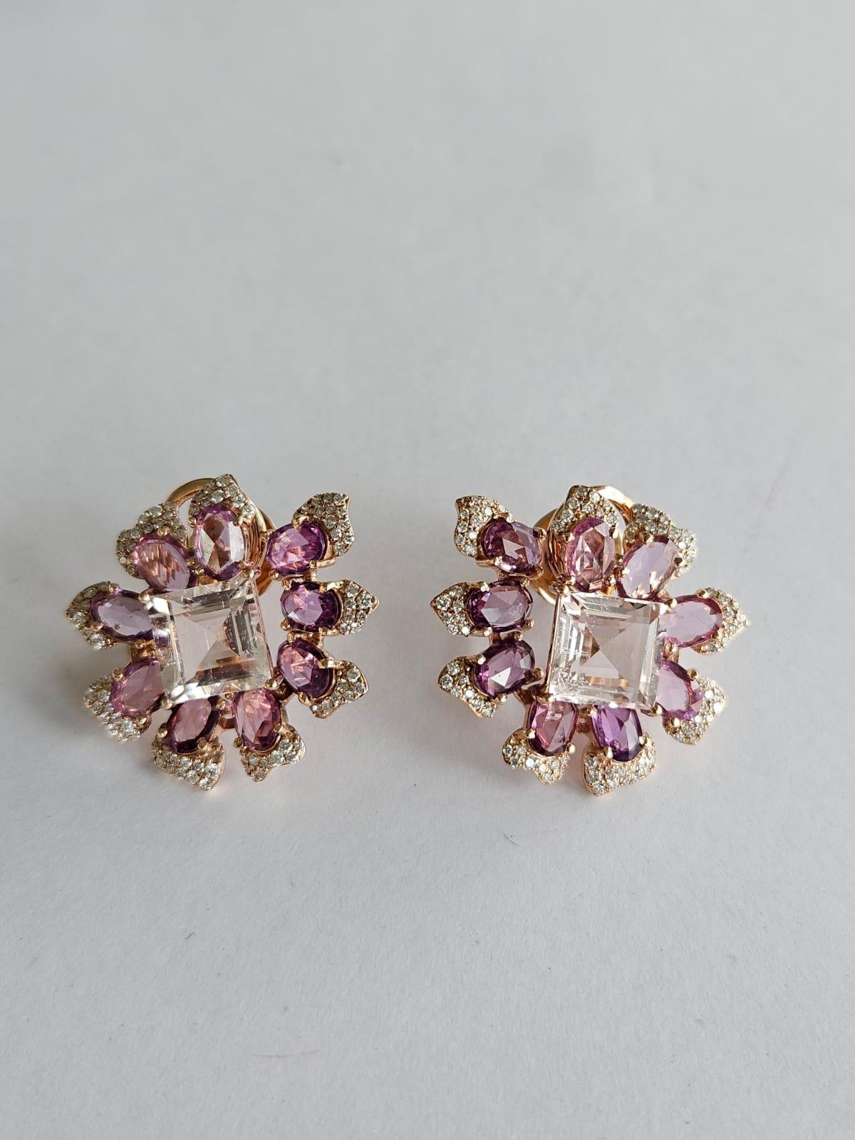 Set in 18K Rose Gold, Morganites, Pink Sapphires & Diamonds Stud Earrings In New Condition For Sale In Hong Kong, HK