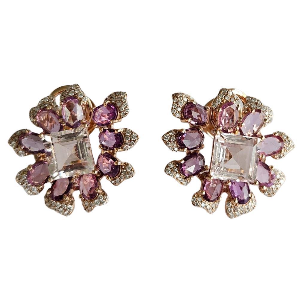 Clous d'oreilles en or rose 18 carats, morganites, saphirs roses et diamants en vente