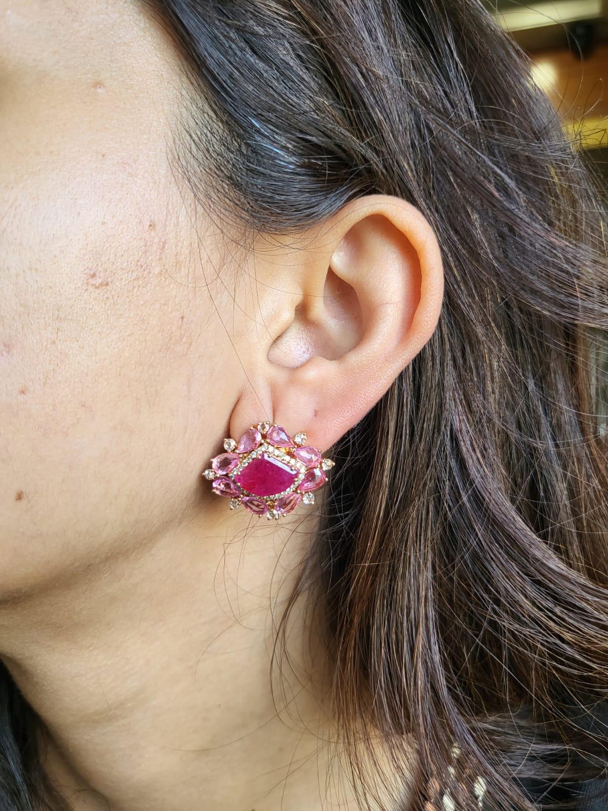 Modern Set in 18K Rose Gold, Mozambique Ruby, Pink Sapphires & Diamonds Stud Earrings