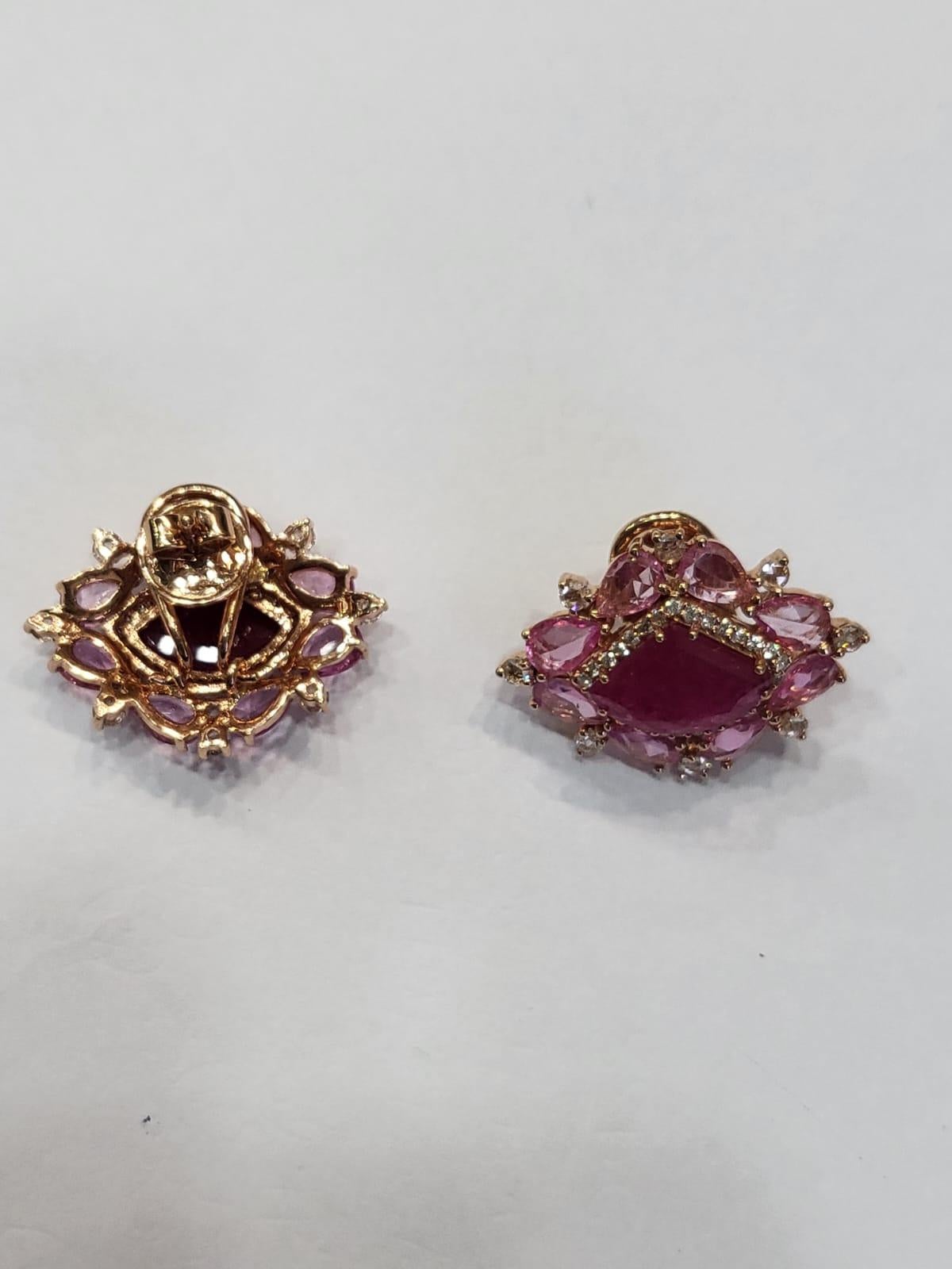 Rose Cut Set in 18K Rose Gold, Mozambique Ruby, Pink Sapphires & Diamonds Stud Earrings