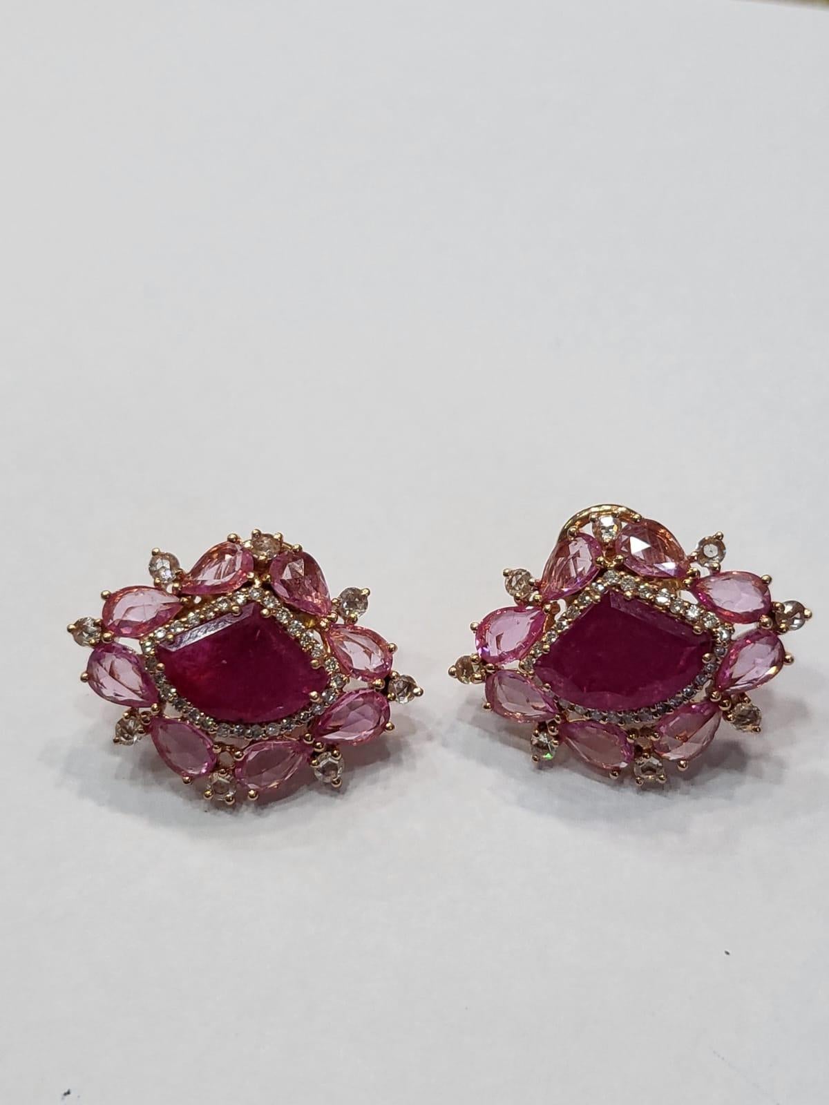 Set in 18K Rose Gold, Mozambique Ruby, Pink Sapphires & Diamonds Stud Earrings In New Condition In Hong Kong, HK