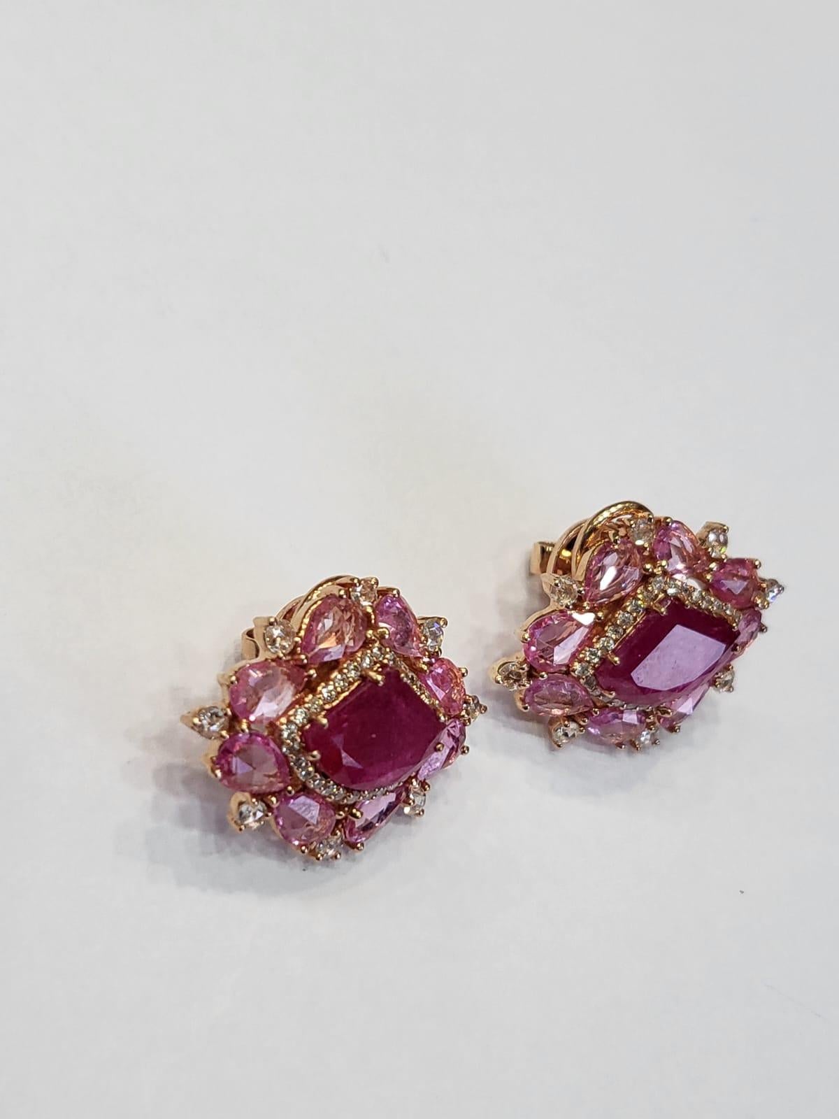 Women's or Men's Set in 18K Rose Gold, Mozambique Ruby, Pink Sapphires & Diamonds Stud Earrings