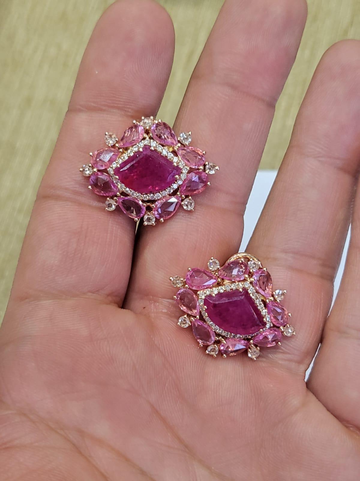 Set in 18K Rose Gold, Mozambique Ruby, Pink Sapphires & Diamonds Stud Earrings 1