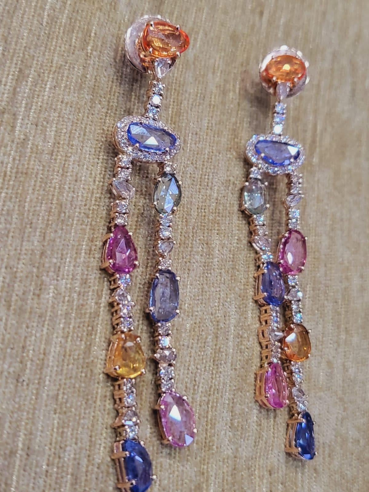 Set in 18k Rose Gold, Multi Sapphires & Diamonds Chandelier/ Dangle Earrings In New Condition In Hong Kong, HK