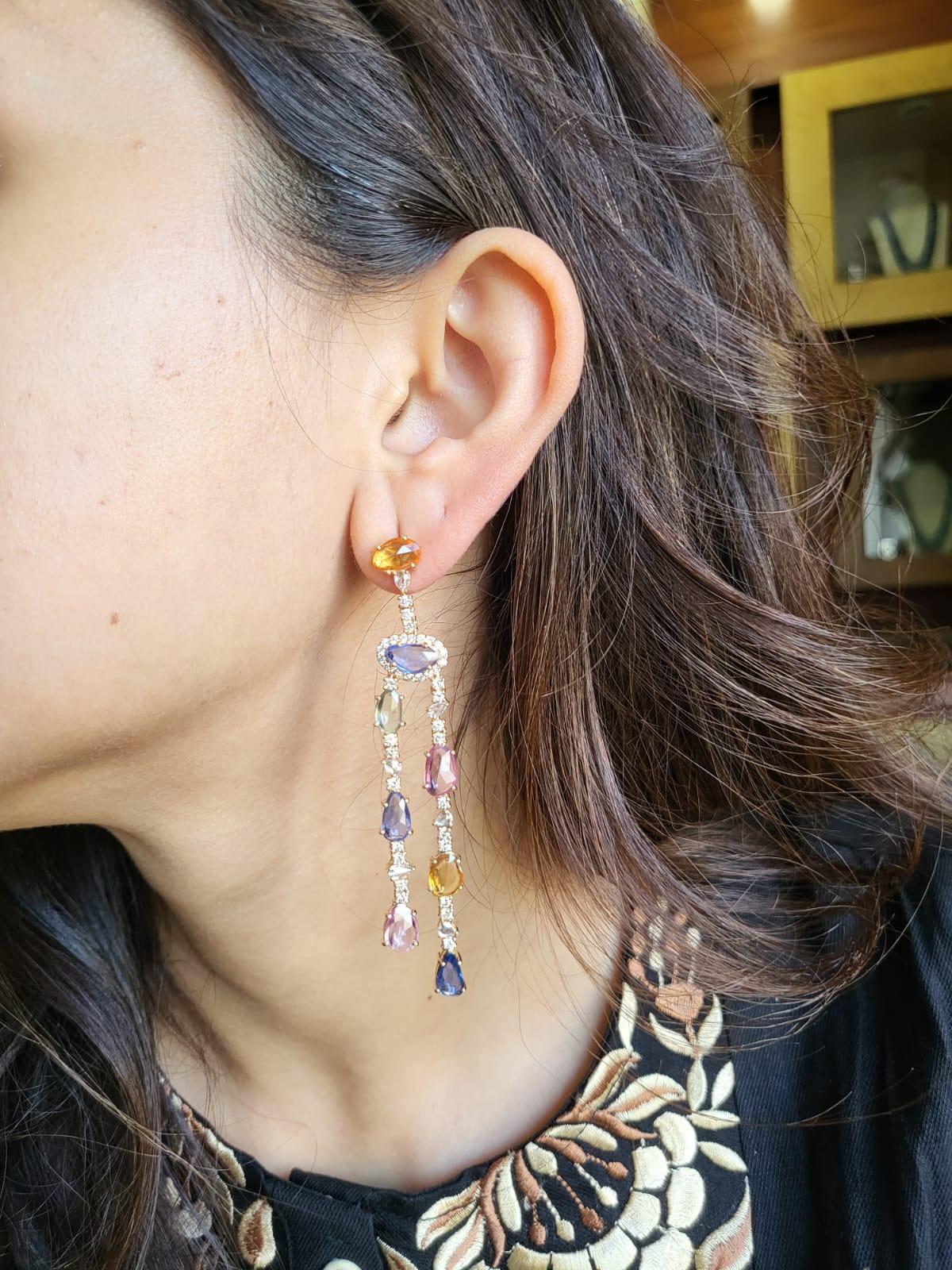 Set in 18k Rose Gold, Multi Sapphires & Diamonds Chandelier/ Dangle Earrings 2