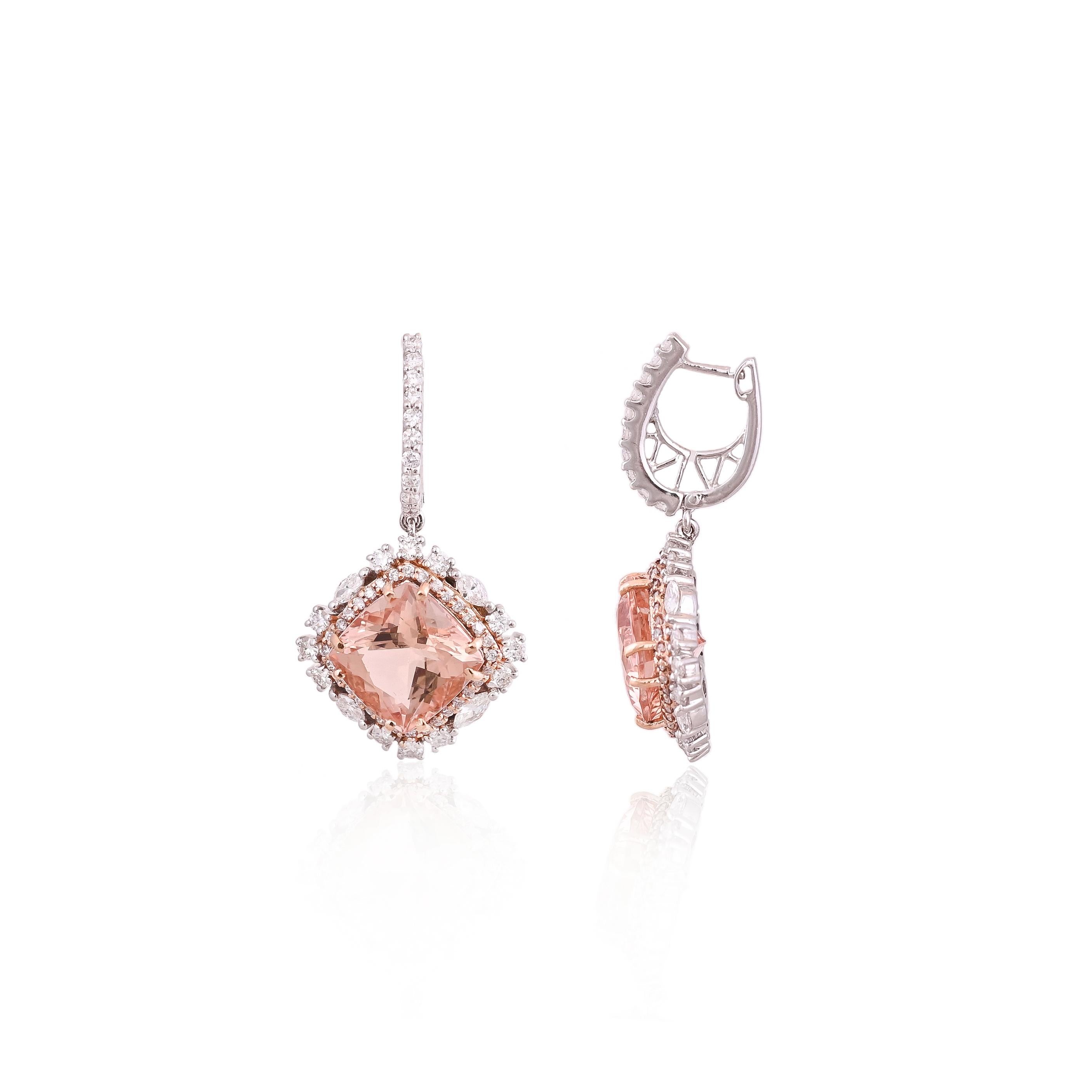 A very beautiful and special, Morganite Dangle Earrings set in 18K Rose Gold & Diamonds. The weight of the cushion shaped Morganites is 11.59 carats. The weight of the Diamonds is 2.04 carats. Net Gold weight is 10.31 grams. The dimensions of the
