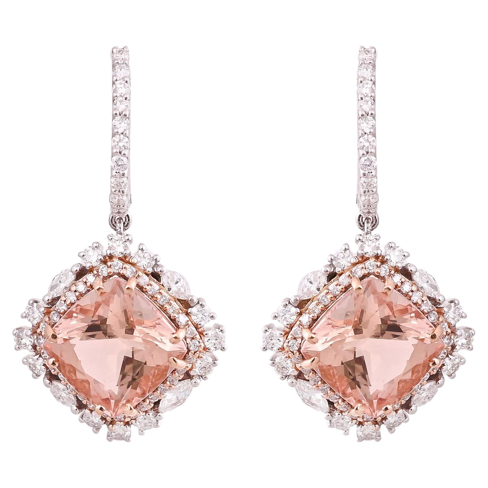 Pendants d'oreilles en or rose 18 carats, morganites naturelles taille coussin et diamants sertis