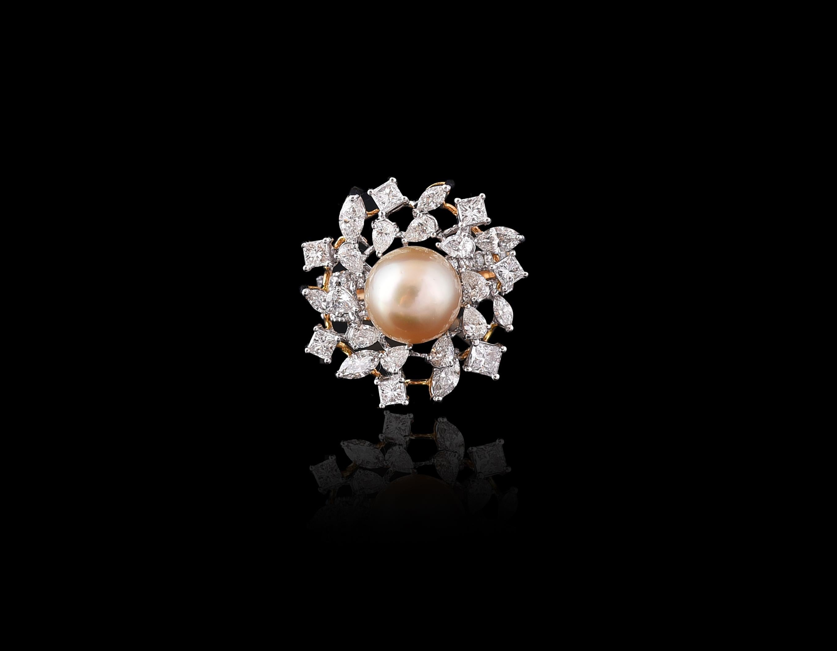 Artisan Set in 18k Rose Gold, Natural Fresh Water Pearl and Fancy Diamonds Cocktail Ring