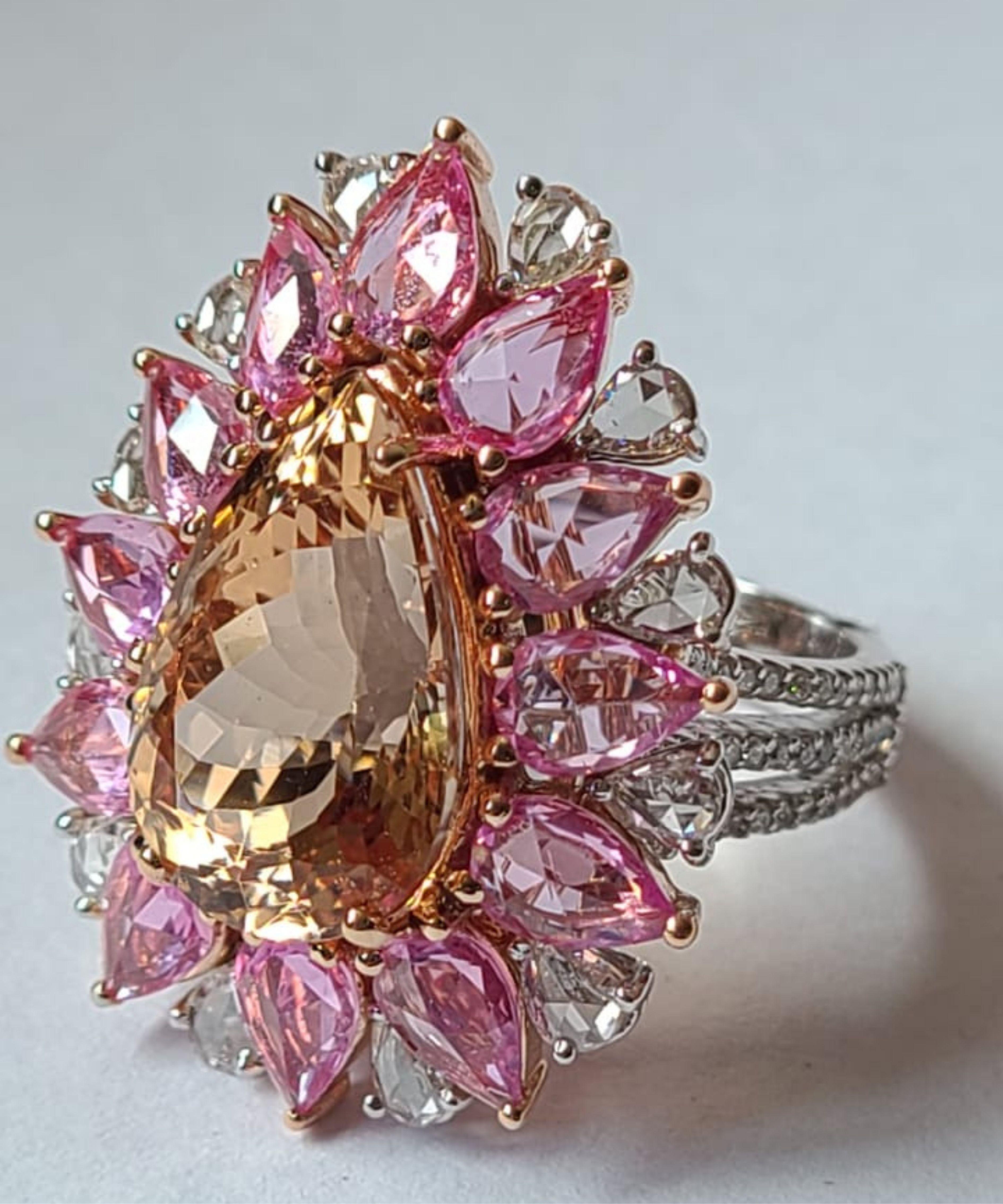 Modern Set in 18K Rose Gold, natural Morganite, Pink Sapphires & Diamonds Cocktail Ring