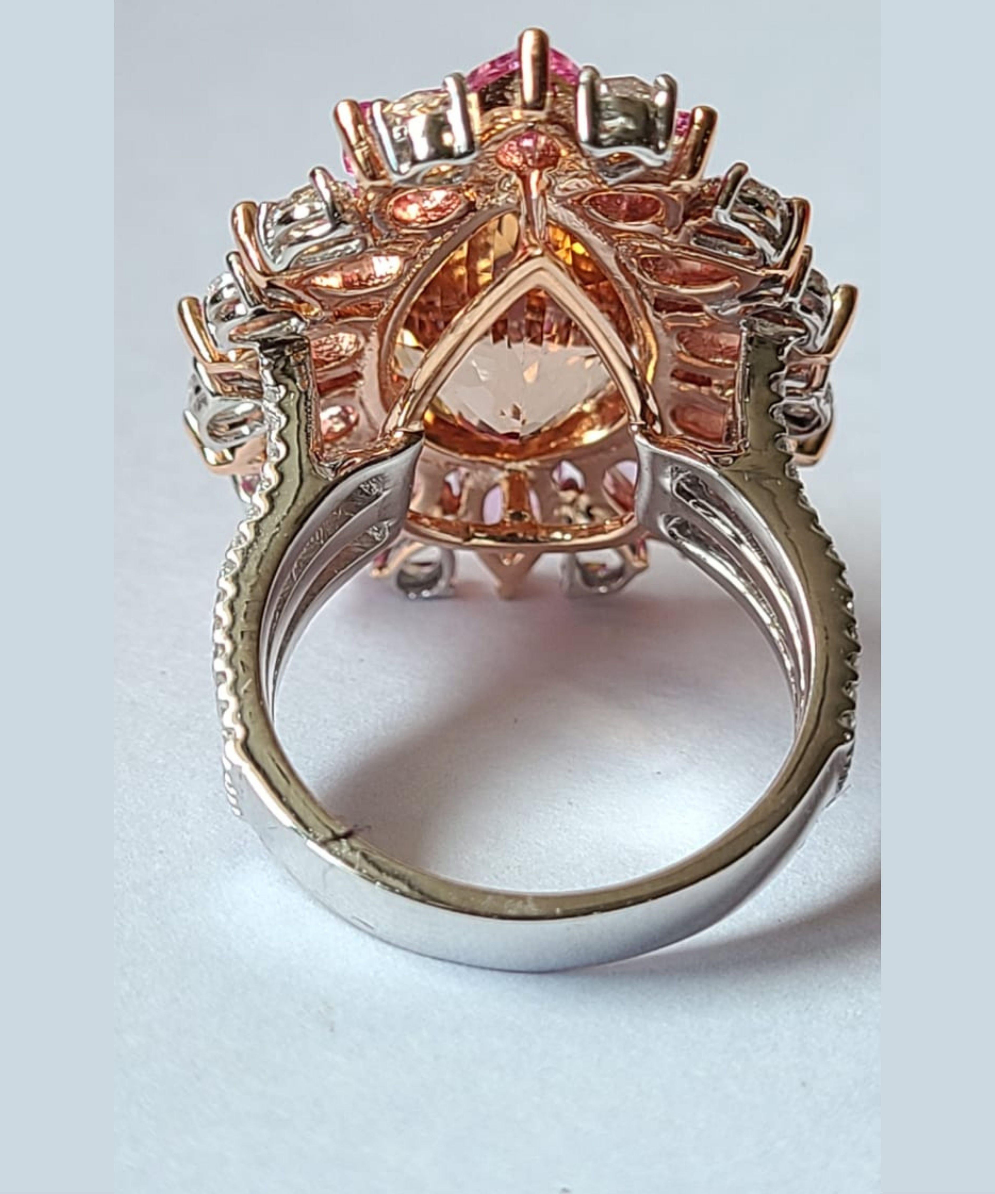 Pear Cut Set in 18K Rose Gold, natural Morganite, Pink Sapphires & Diamonds Cocktail Ring
