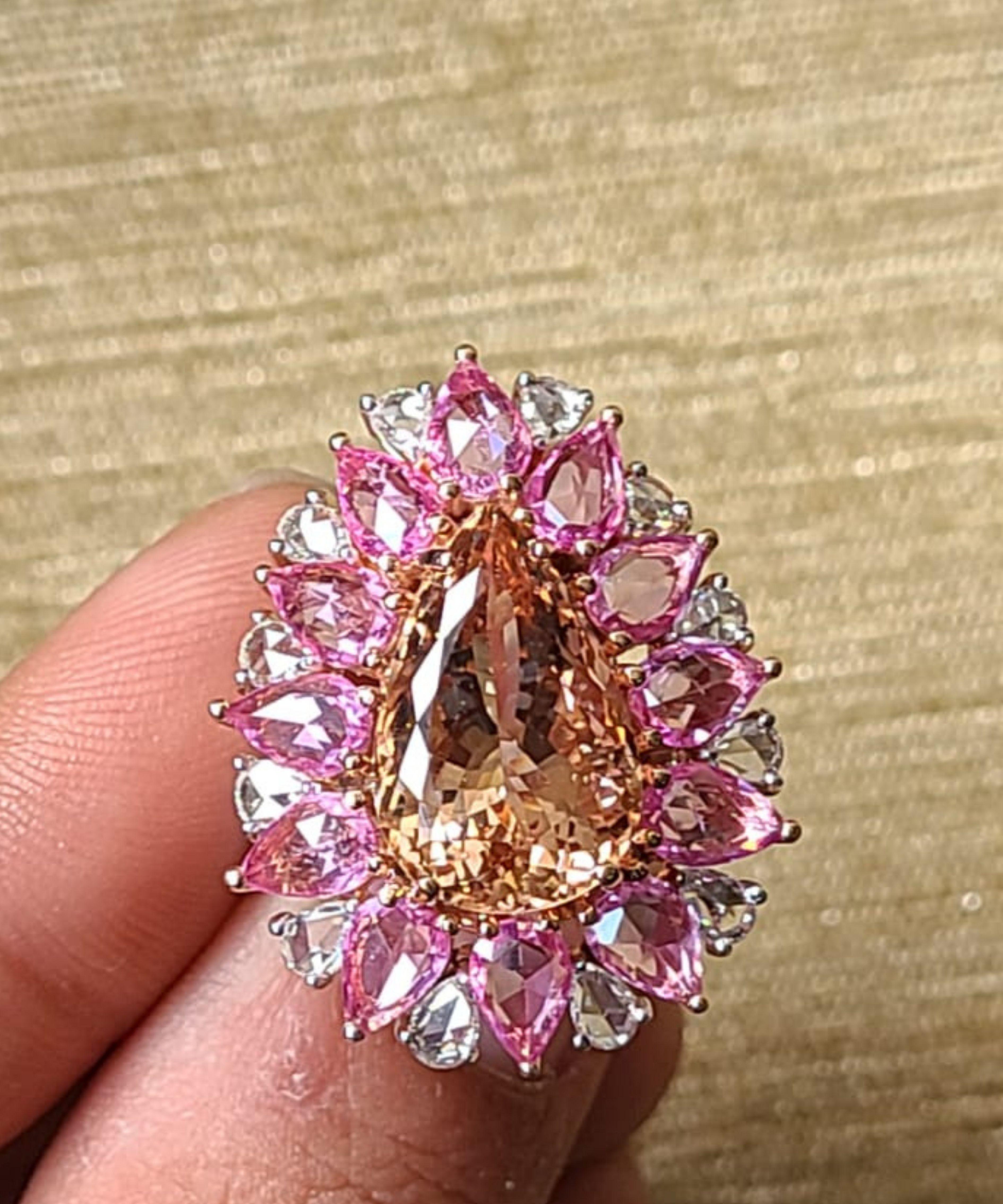 Set in 18K Rose Gold, natural Morganite, Pink Sapphires & Diamonds Cocktail Ring In New Condition In Hong Kong, HK