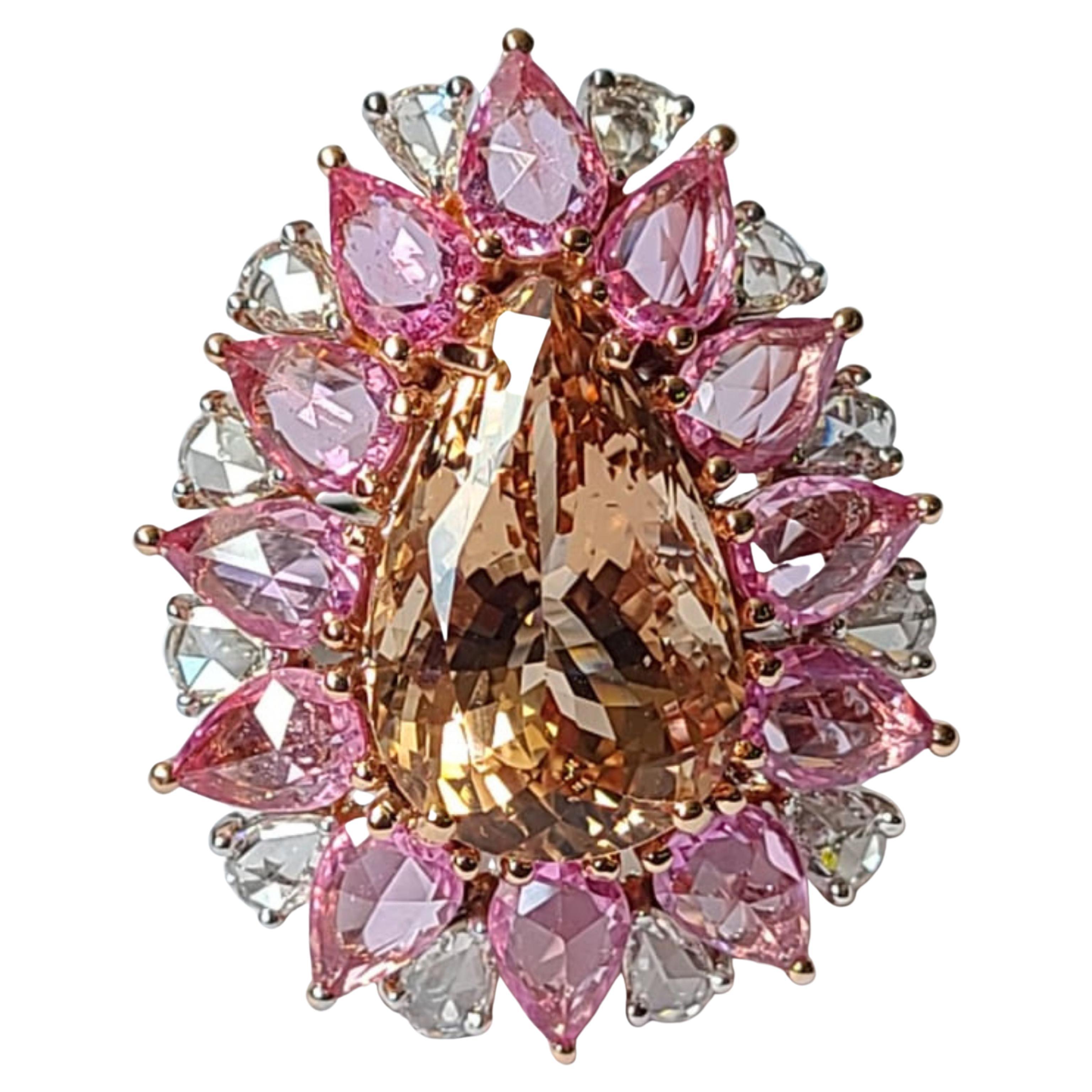 Set in 18K Rose Gold, natural Morganite, Pink Sapphires & Diamonds Cocktail Ring