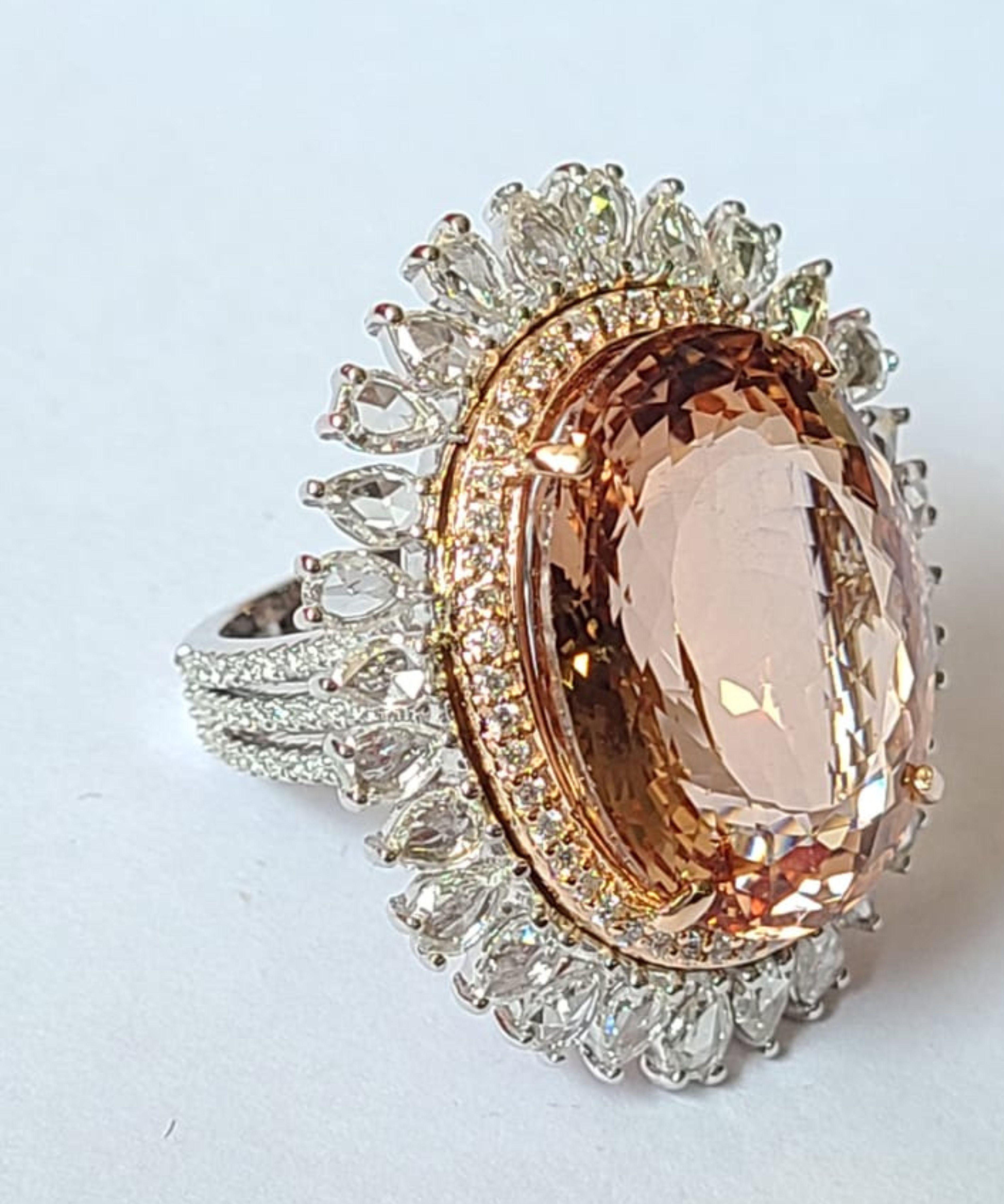 Modern Set in 18K Rose Gold, Natural Morganite & Rose Cut Diamonds Cocktail Ring For Sale