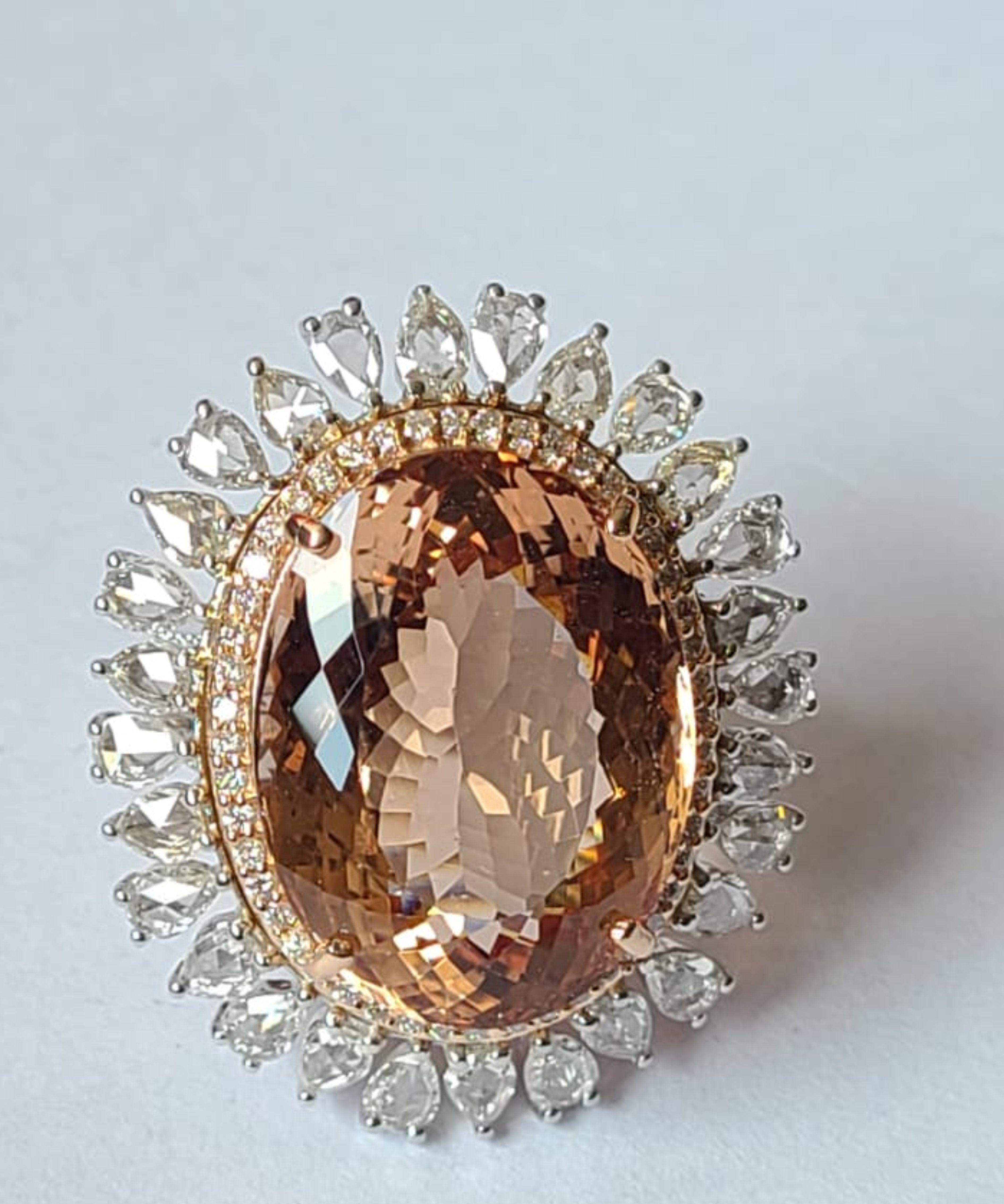 Women's or Men's Set in 18K Rose Gold, Natural Morganite & Rose Cut Diamonds Cocktail Ring For Sale