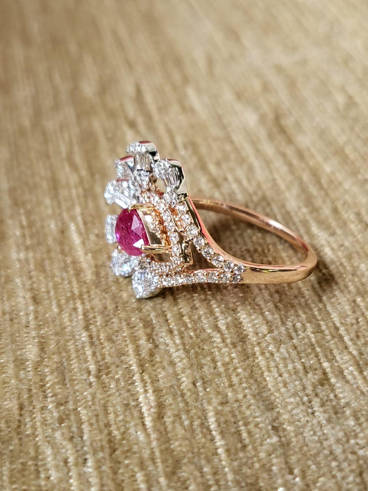 Modern Set in 18K Rose Gold, natural Mozambique Ruby & Diamonds Cocktail/ Cluster Ring For Sale