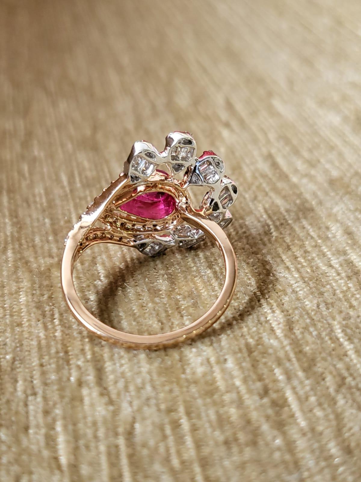 Pear Cut Set in 18K Rose Gold, natural Mozambique Ruby & Diamonds Cocktail/ Cluster Ring For Sale