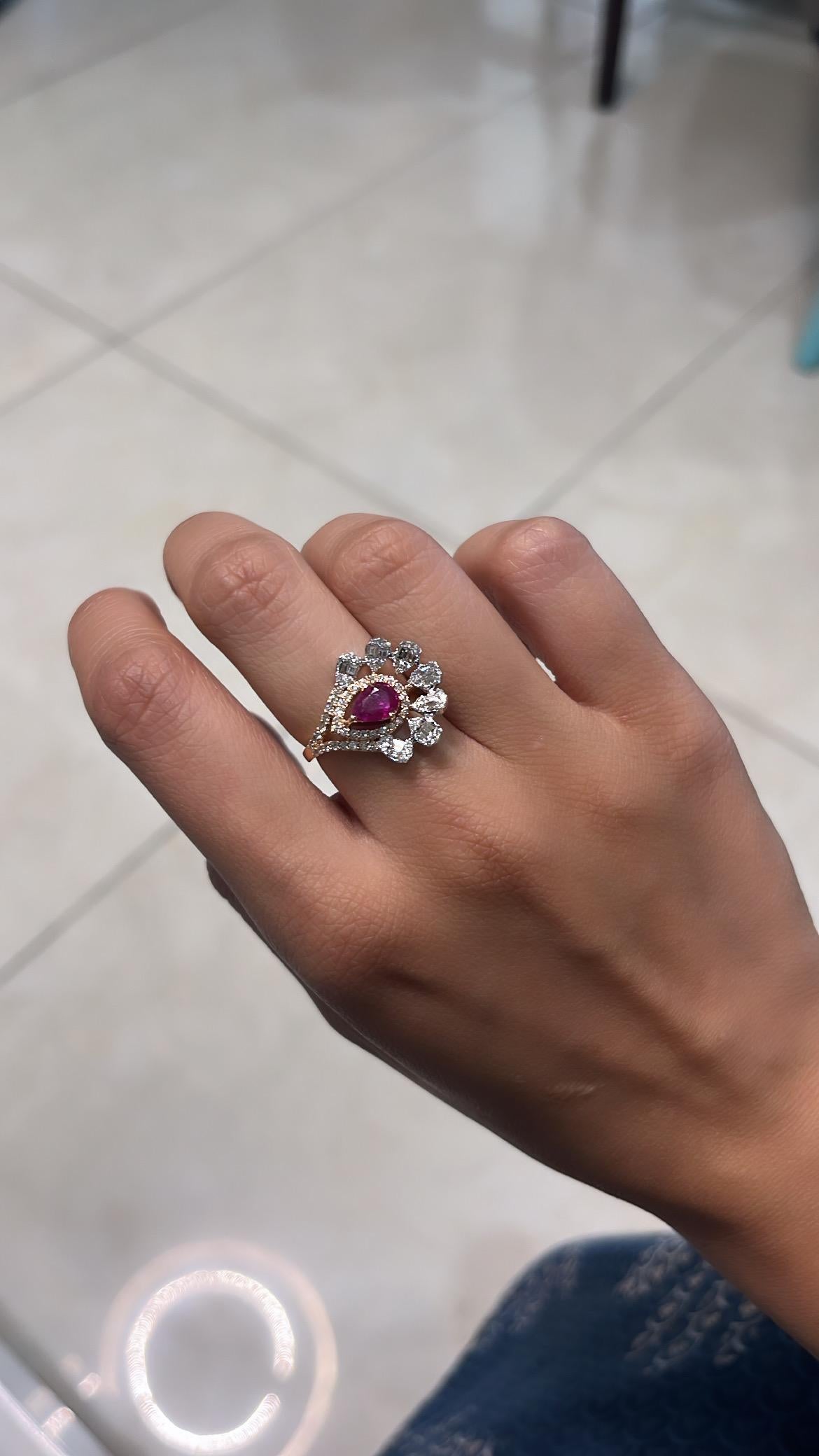Women's or Men's Set in 18K Rose Gold, natural Mozambique Ruby & Diamonds Cocktail/ Cluster Ring For Sale