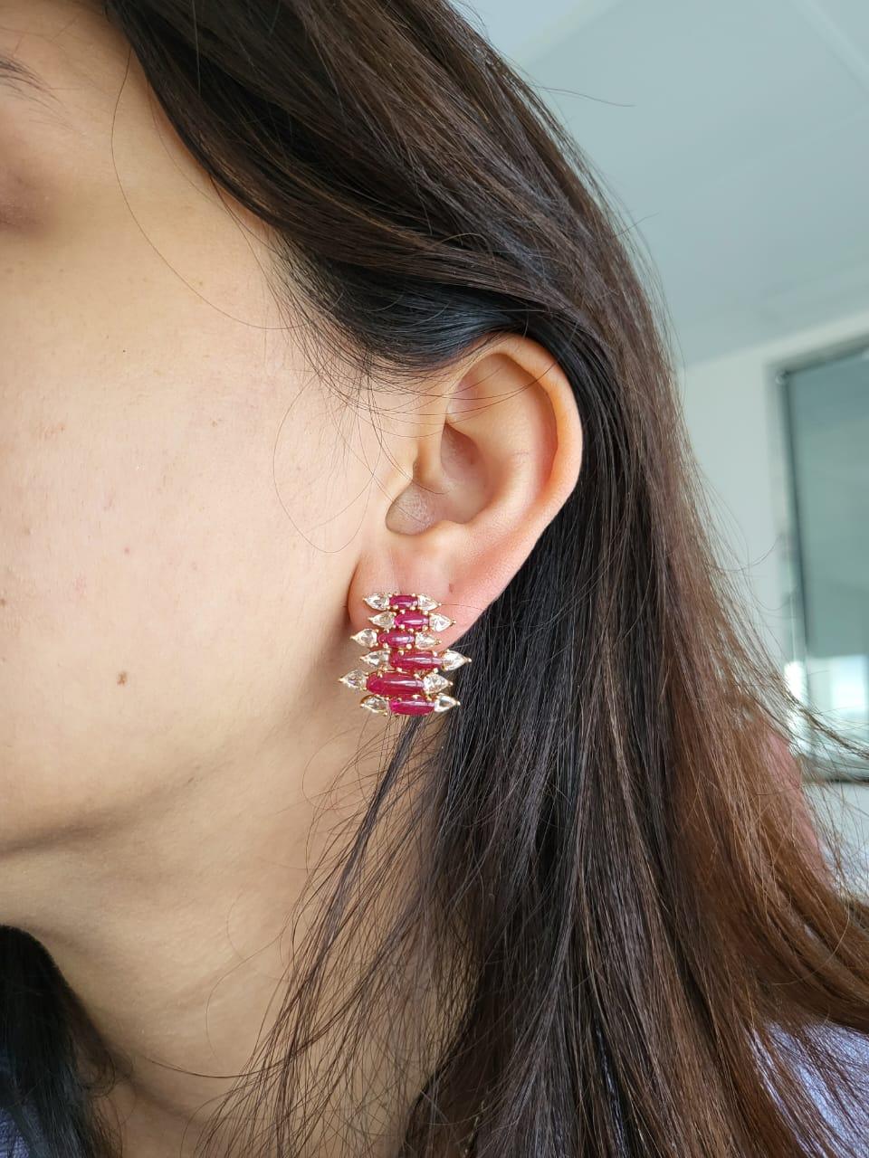 Art Deco Set in 18K Rose Gold, natural Ruby & Rose cut Diamonds Stud Earrings For Sale