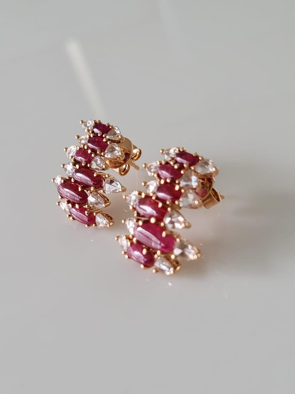 Rose Cut Set in 18K Rose Gold, natural Ruby & Rose cut Diamonds Stud Earrings For Sale