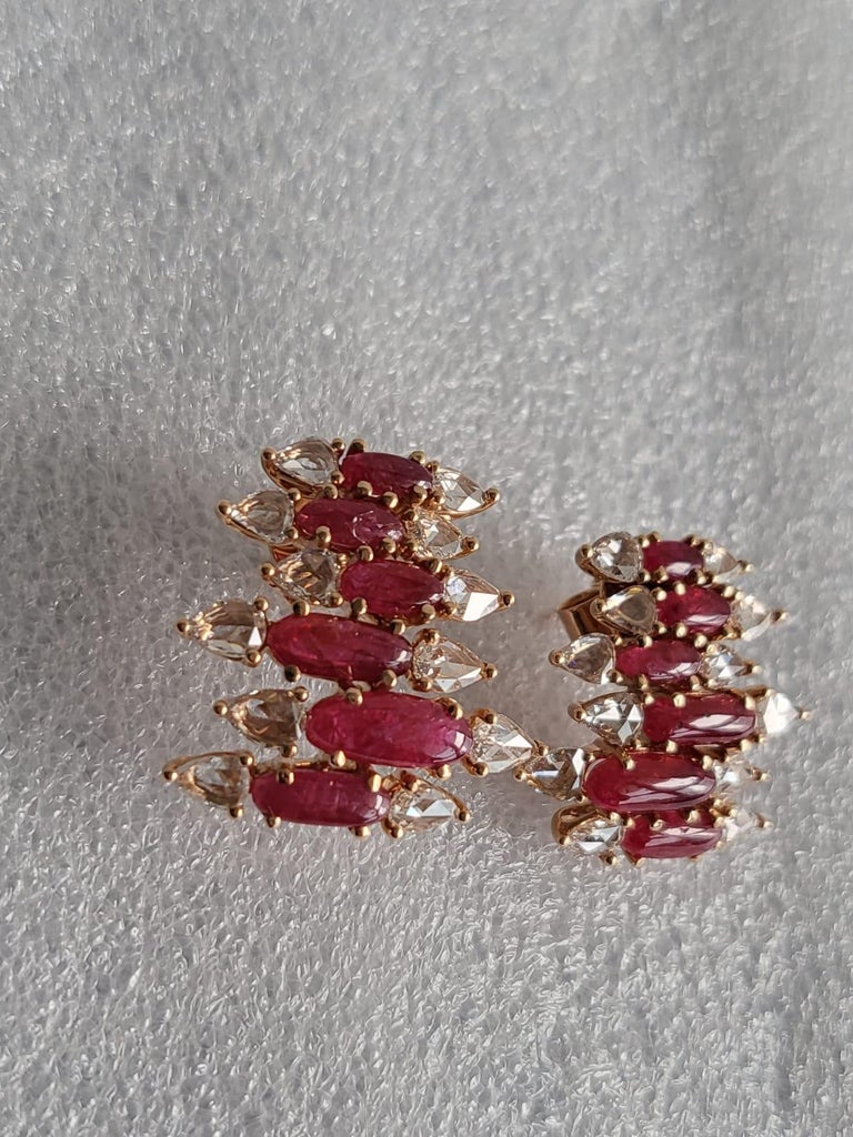 Set in 18K Rose Gold, natural Ruby and Rose cut Diamonds Stud Earrings