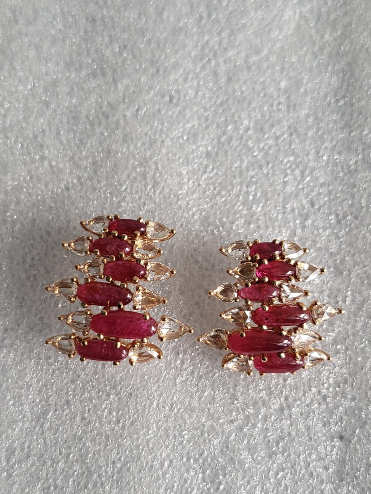Set in 18K Rose Gold, natural Ruby & Rose cut Diamonds Stud Earrings For Sale 3