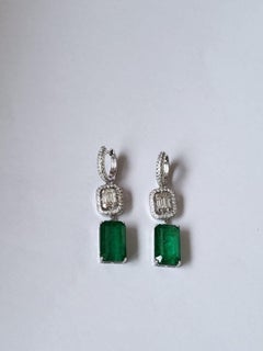 Set in 18K White Gold, Natural Zambian Emerald & Diamonds Dangle Earrings