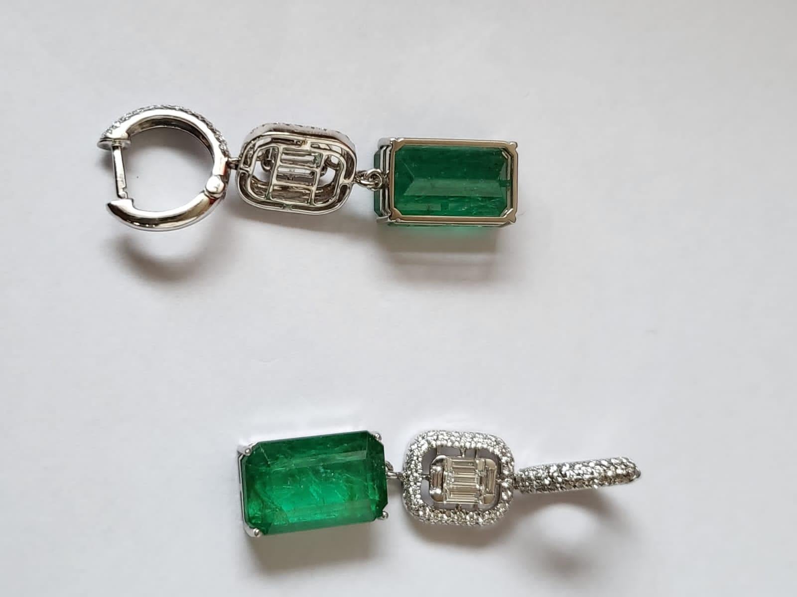 Emerald Cut Set in 18K Rose Gold, Natural Zambian Emerald & Diamonds Dangle Earrings For Sale