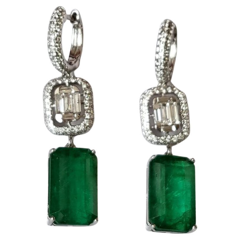 Set in 18K Rose Gold, Natural Zambian Emerald & Diamonds Dangle Earrings