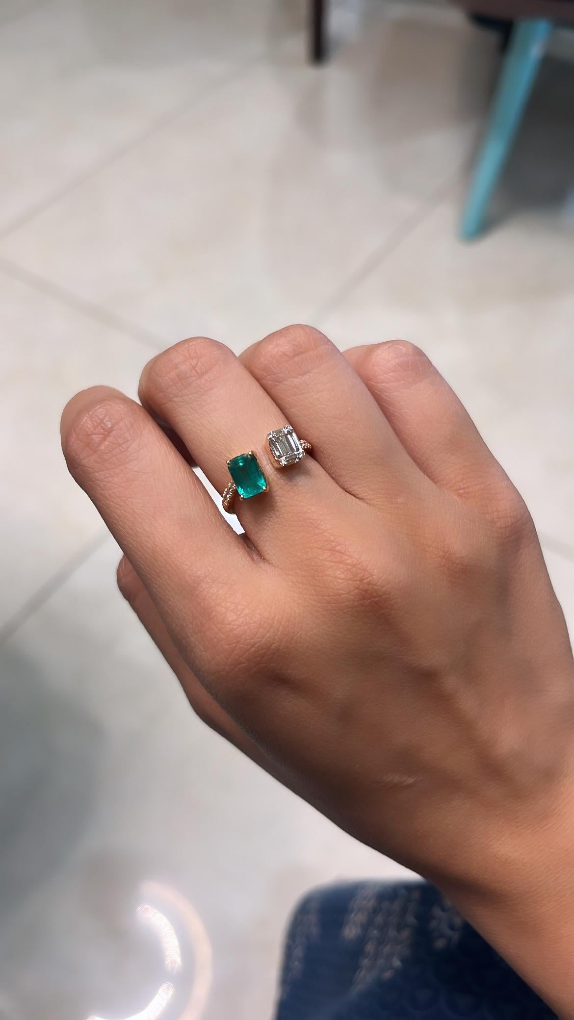 A very dainty and beautiful, Emerald Engagement/ Cluster Ring set in 18k Rose Gold & Diamonds. The weight of the Emerald is 1.12 carats. The Emerald is completely natural, without any treatment and is of Zambian origin. The weight of the Diamonds is