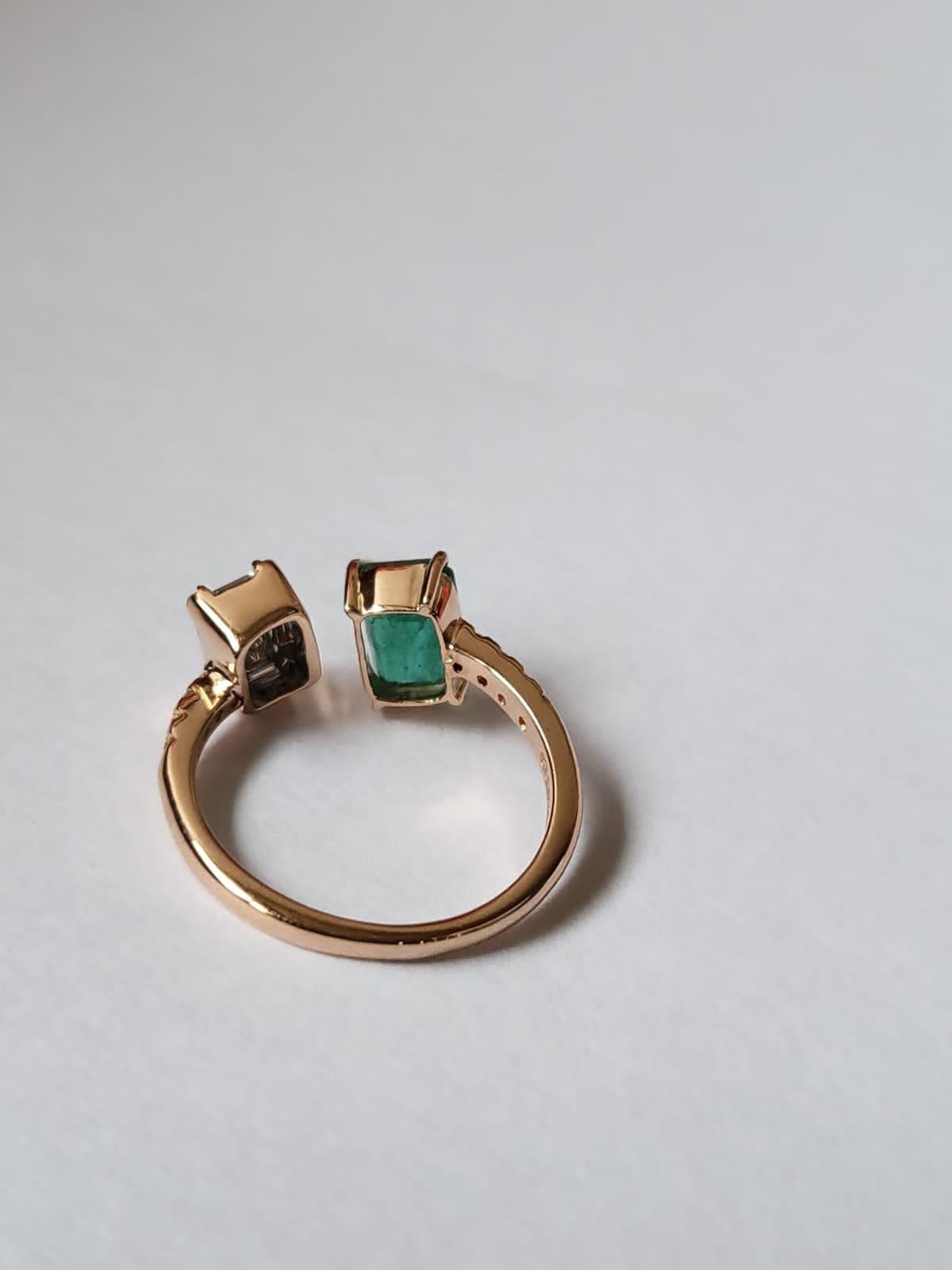 Set in 18K Rose Gold, natural Zambian Emerald & Diamonds Engagement/Cluster Ring For Sale 1