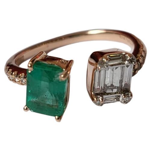 Set in 18K Rose Gold, natural Zambian Emerald & Diamonds Engagement/Cluster Ring For Sale