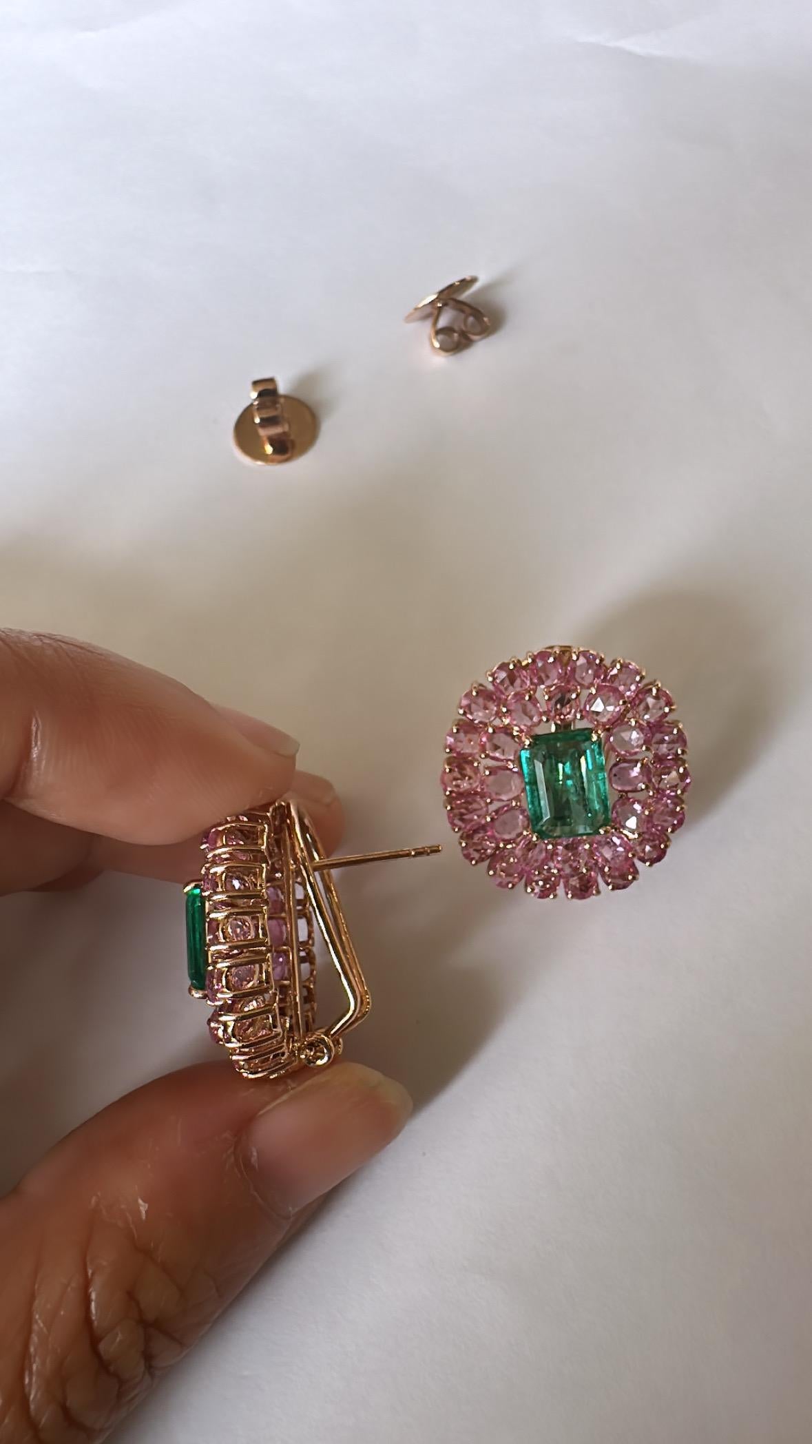 Modern Set in 18K Rose Gold, natural Zambian Emerald & Pink Sapphires Stud Earrings