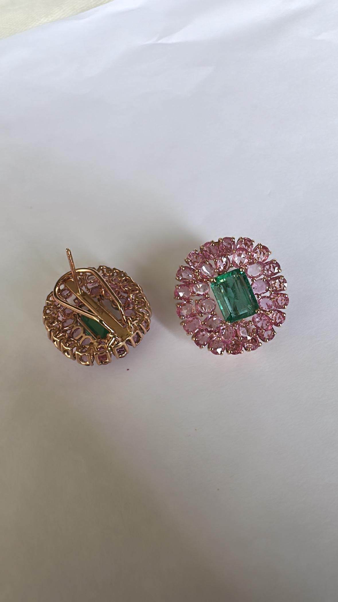 Rose Cut Set in 18K Rose Gold, natural Zambian Emerald & Pink Sapphires Stud Earrings