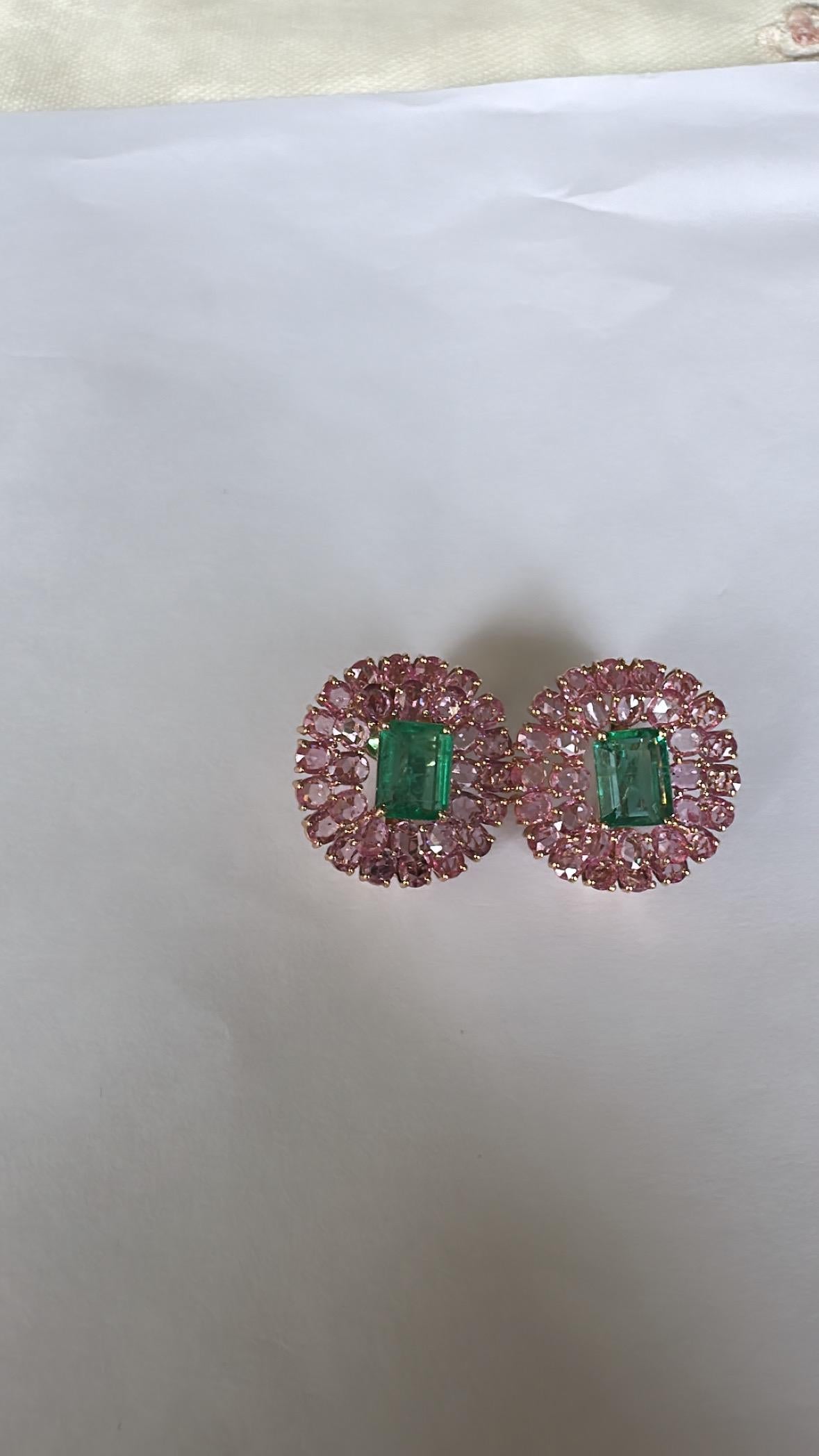 Set in 18K Rose Gold, natural Zambian Emerald & Pink Sapphires Stud Earrings In New Condition In Hong Kong, HK