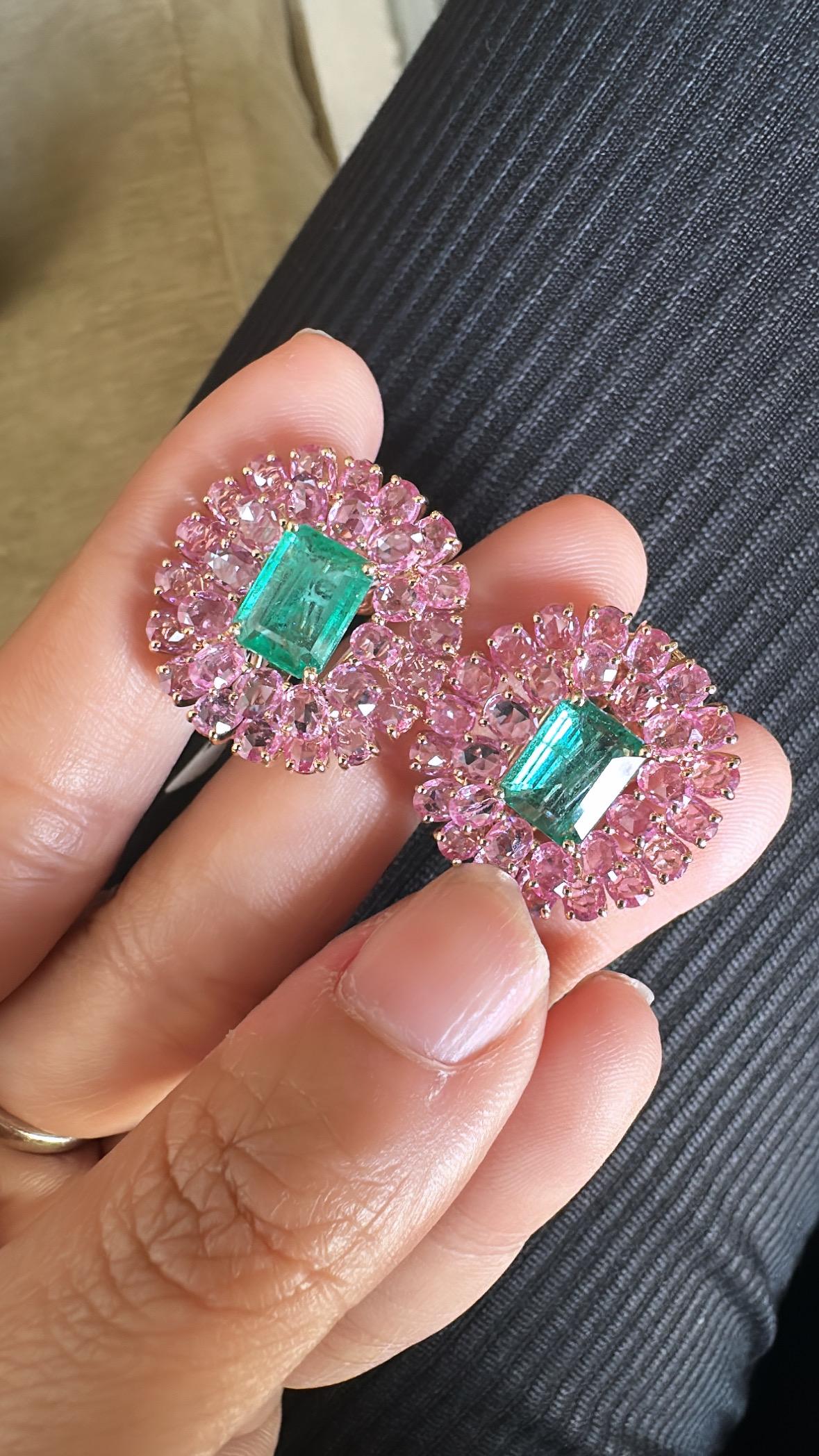 Women's or Men's Set in 18K Rose Gold, natural Zambian Emerald & Pink Sapphires Stud Earrings