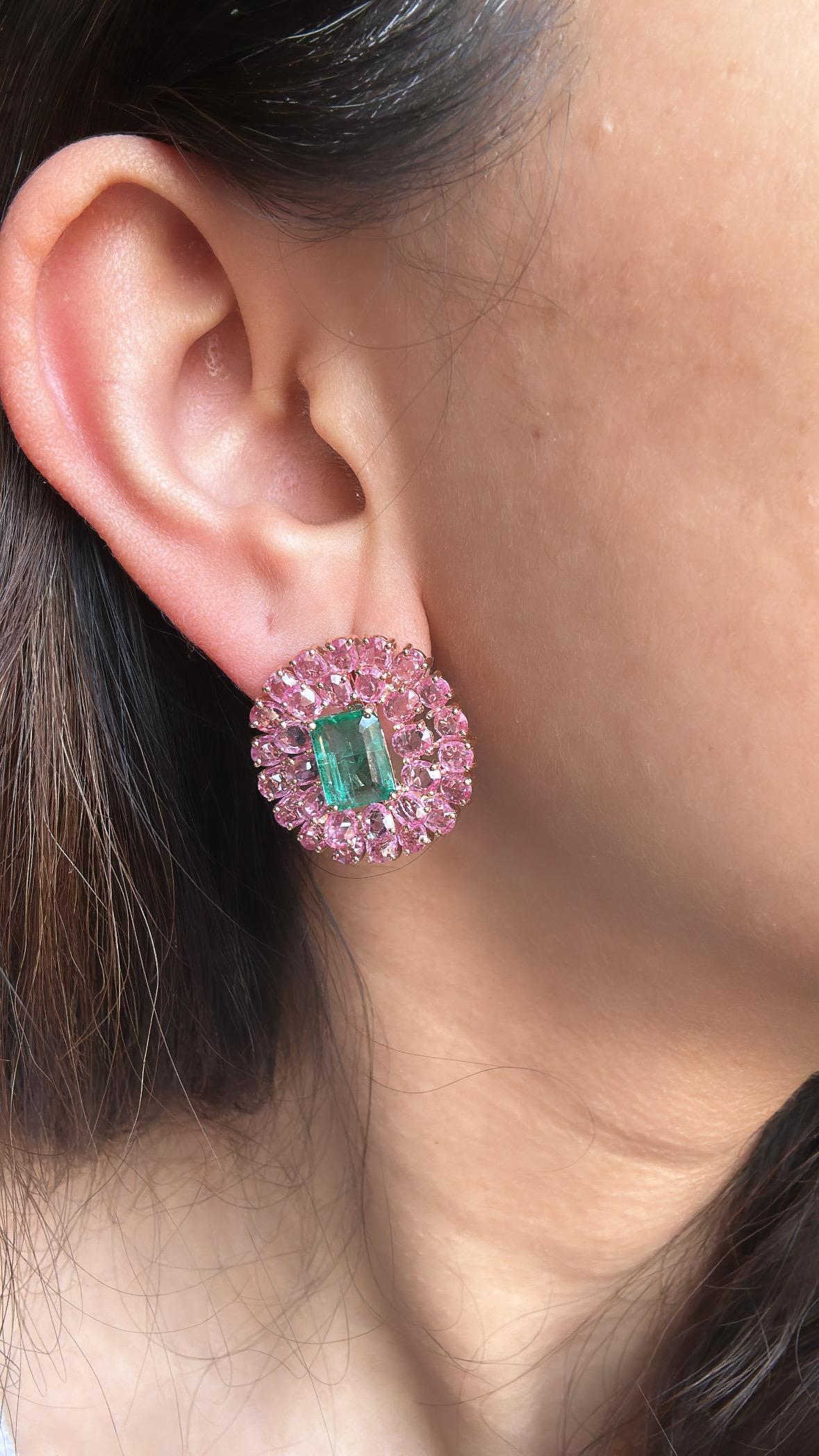 Set in 18K Rose Gold, natural Zambian Emerald & Pink Sapphires Stud Earrings 2