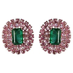 Set in 18K Rose Gold, natural Zambian Emerald & Pink Sapphires Stud Earrings