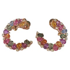 Set in 18K Rose Gold, Pear Shaped Multi Sapphires & Diamonds Hoop Earrings