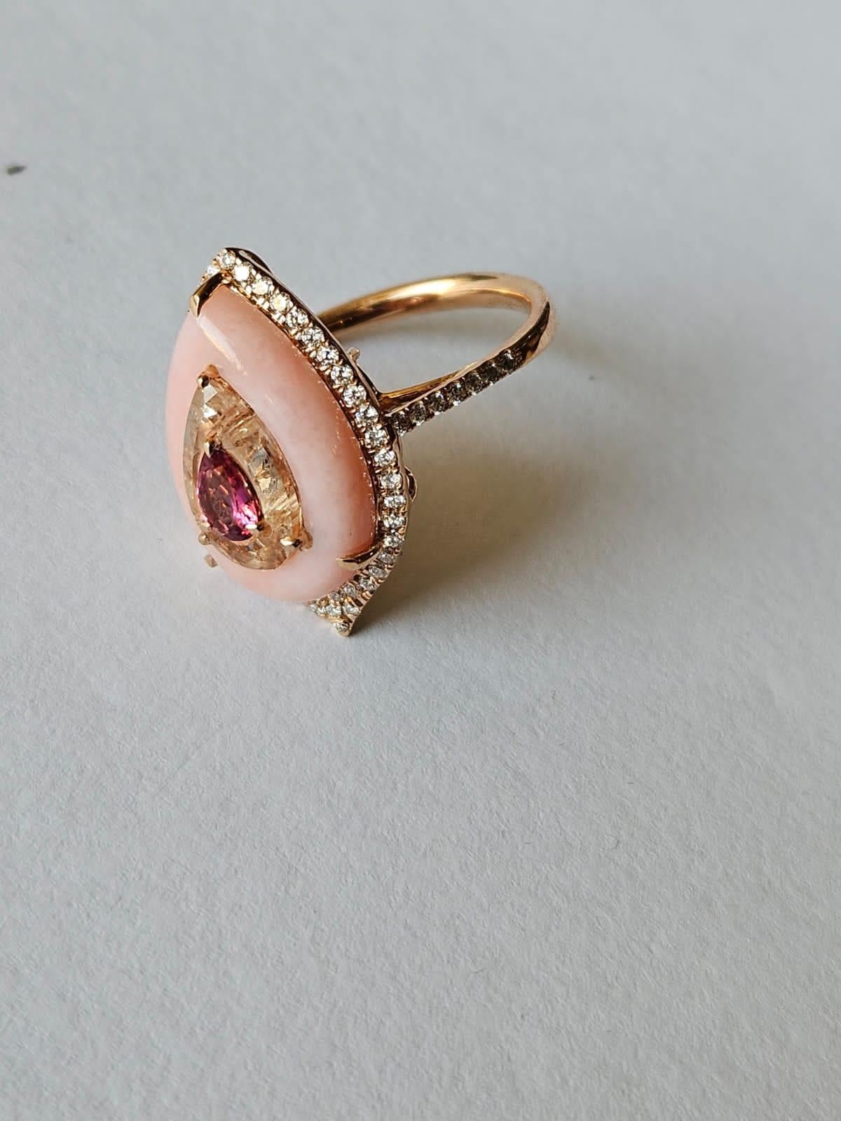 Pear Cut Set in 18K Rose Gold, Pink Opal, Morganite, Tourmaline & Diamonds Cocktail Ring