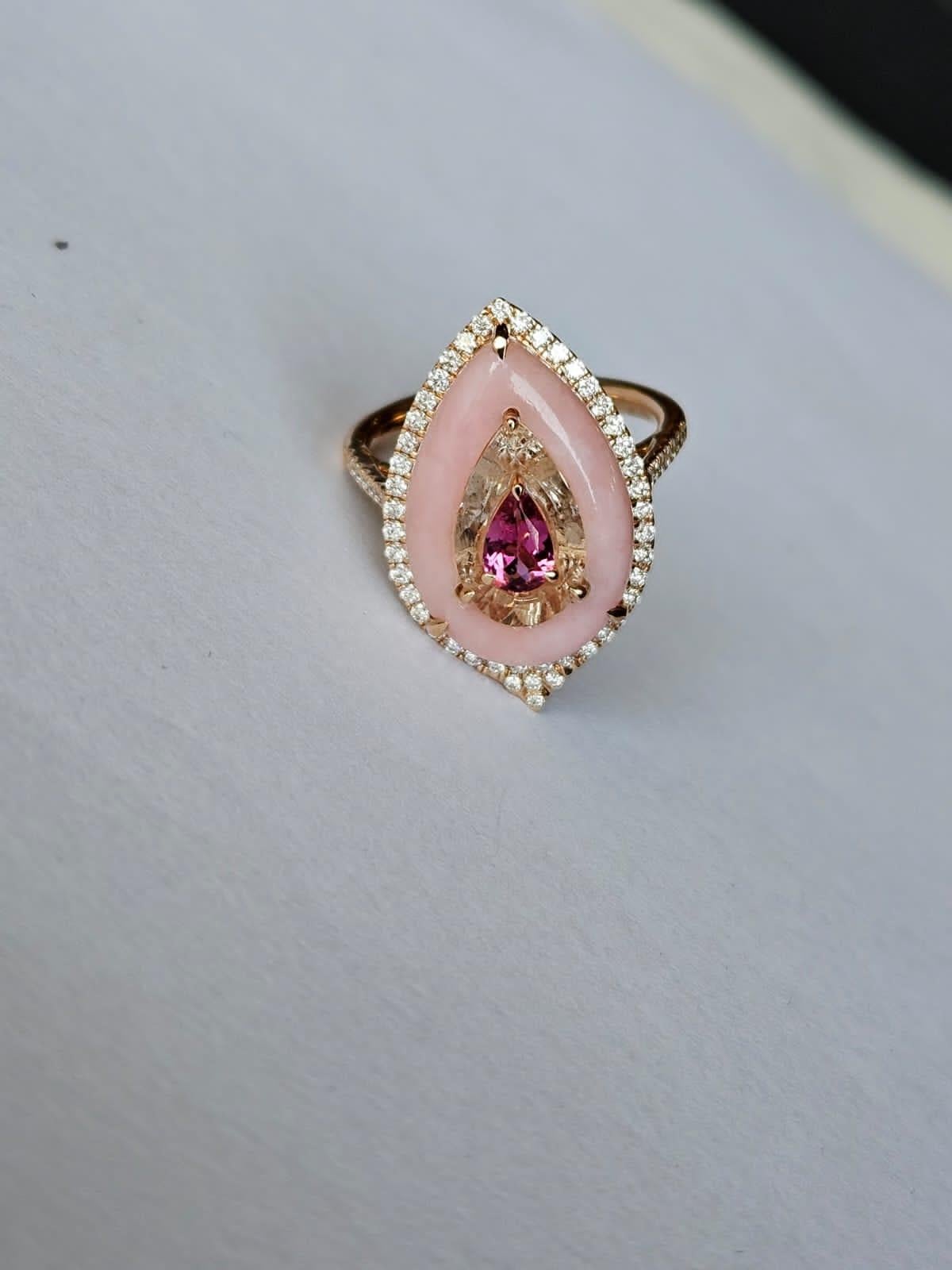 Set in 18K Rose Gold, Pink Opal, Morganite, Tourmaline & Diamonds Cocktail Ring In New Condition In Hong Kong, HK