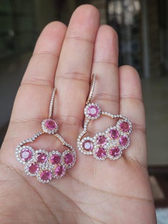 Set in 18K Rose Gold, Pink Sapphires Rose Cuts & Diamonds Dangle Earrings