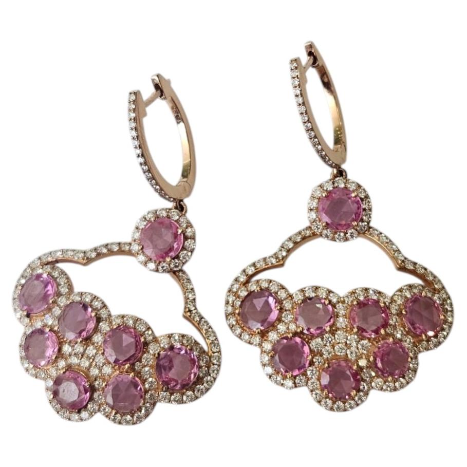 Set in 18K Rose Gold, Pink Sapphires Rose Cuts & Diamonds Dangle Earrings