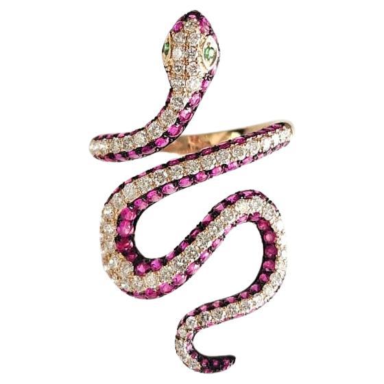 Bague cocktail serpent en or rose 18 carats, rubis, tsavorite et diamants