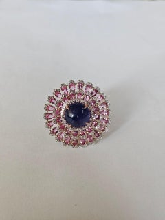 Set in 18K Rose Gold, Tanzanite Cabochon, Pink Sapphires & Diamond Cocktail Ring