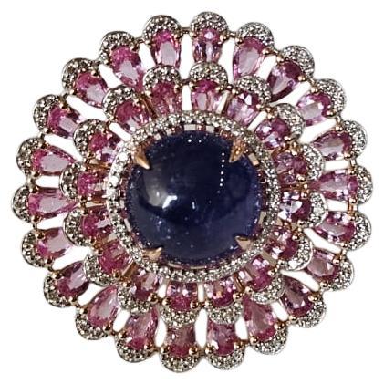 Set in 18K Rose Gold, Tanzanite Cabochon, Pink Sapphires 
Diamond Cocktail Ring For Sale