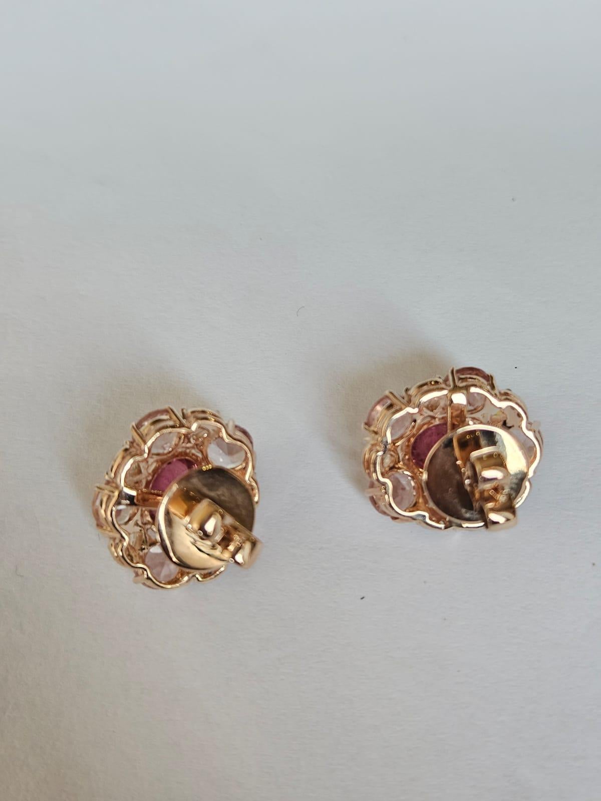 A very gorgeous and special, art deco style, Tourmaline & Morganite Stud Earrings set in 18K Rose Gold & Diamonds. The weight of the Tourmaline Cabochons is 5.58 grams. The weight of the Morganites is 4.78 grams. The combined Diamonds weight is 1.19