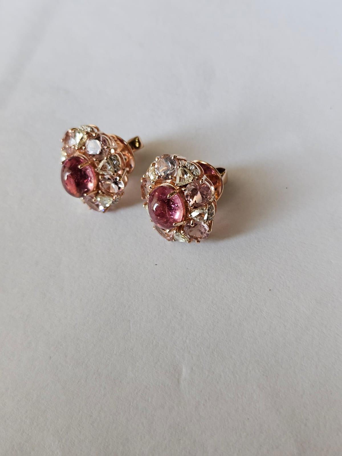 Art Deco Set in 18K Rose Gold, Tourmaline, Morganite & Rose Cut Diamonds Stud Earrings For Sale
